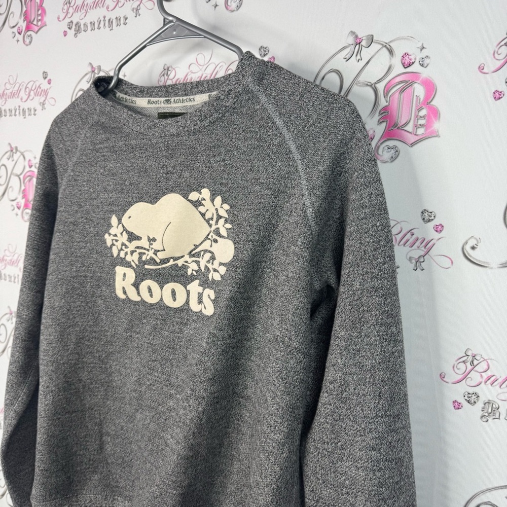 Roots athletics sweater pull over crew neck Charcoal Sweatshirt Cream Logo - Picture 3 of 9